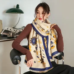 Elegant Floral Cashmere Pashmina Shawls and Wraps Thick Warm Blanket Retro Female Winter Scarves 2022 New
