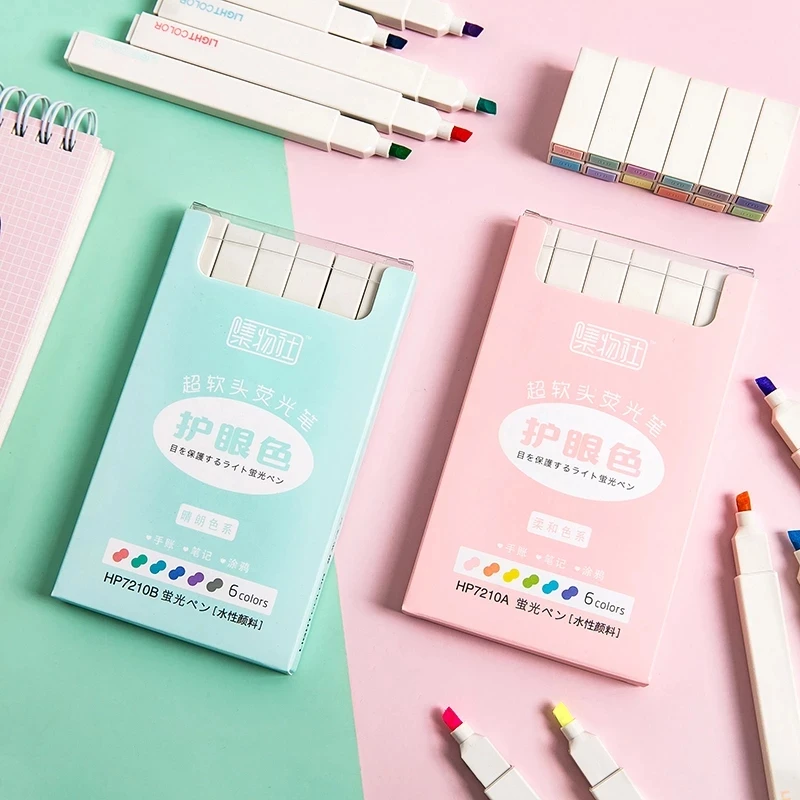

6pcs Super Soft Color Highlighter Marker Pen Set Water Based Ink Morandi Pastel Colors Brush Tip for Drawing Paint Journal A6349