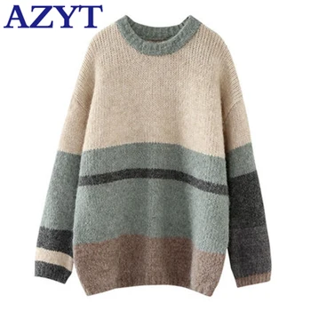 

AZYT Fashion Spell Color Women Knit Pullover Sweater 2020 Autumn Winter New Jumper Sweaters Korean Loose Thicken Female Sweater