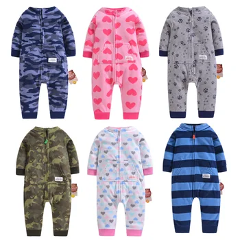 

2019 baby rompers autumn fleece coats for infant clothes hooded with ear lovely camo jumpsuits for baby boys clothes