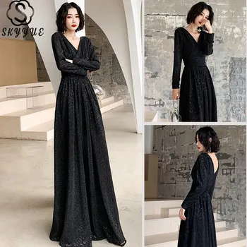 

Skyyue Formal Dress V-Neck Sequined A-Line Long Sleeve Evening Gowns K153 Floor-Length Plus Size Black Backless Robe De Soiree