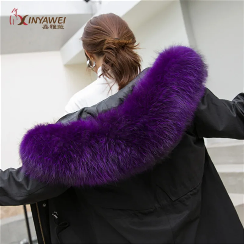purple Специальная цена натуральный меховой воротник для парки пальто роскошный Теплый натуральный енот шарф женские Большие меховые шарфы мужские куртки 75 см - Цвет: purple