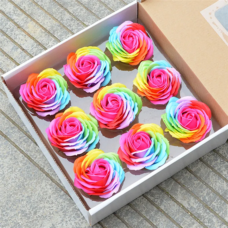 

9 Pcs Rainbow Rose Soap Flower For Wedding Decorative Fake Artificial Flower Heads For Valentine'S Day Birthday Gift