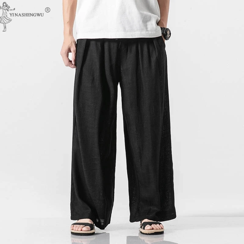 

Men Japanese Style Pants Samurai Costume Vintage Male Cotton And Linen Wide-leg Pants Plus Size Haori Kimono Yukata Streetwear