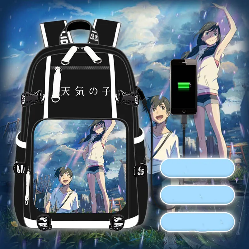 

Fashion Anime Weathering with you Morishima Hodaka Student Casual Schoolbag Shoulders Bag Travel Bag USB Charging Port Daypacks