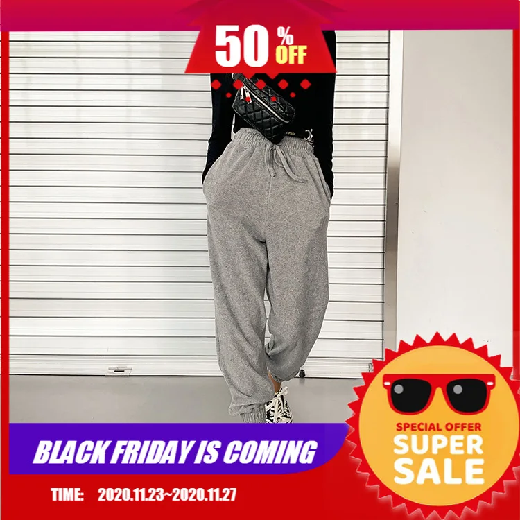 

Autumn and Winter New Women's Terry Solid Drawstring Elastic Waist Loose Pants Pants Casual Sweat Pants Cotton Full Length High