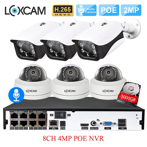 LOXCAM h.265+ 8CH 4MP система видеонаблюдения POE NVR комплект 48 В 1080P@ 25fps безопасность уличная Антивандальная ip-камера система видеонаблюдения - Цвет: 8CH NVR x 6 Cameras