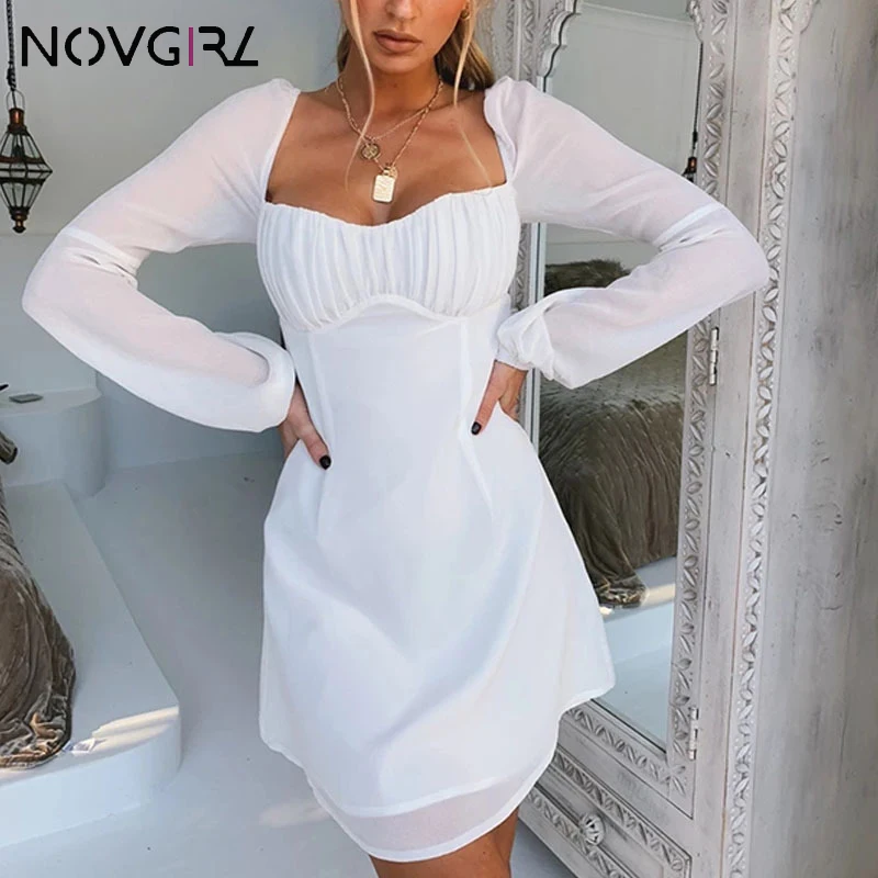 

Novgirl Sexy Open Back Lace Up Chiffon Dress Women 2019 Autumn Elegant Square Neck Lantern Sleeve White Dress Beach Sundress
