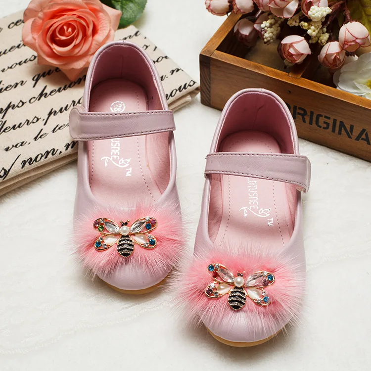 

Brand New Style Breathable Princess Shoes Autumn And Winter Small Bee Rubber Sole Women's Mink Hair CHILDREN'S Shoes Dress Shoes