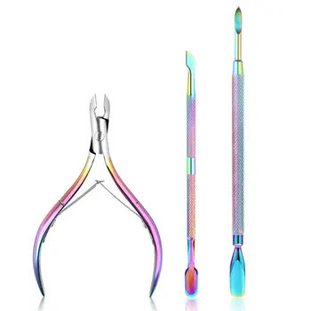 

3 PCS Suit Stainless Steel Cuticle Scissors Multifunction Pushers Rainbow Cutter Nipper Clipper Dead Skin Remover Manicure Tools