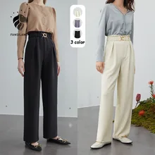 Aliexpress - FANSILANEN Wide leg high waist casual pants capri Women black spring summer pants with chain Female elastic loose white trousers