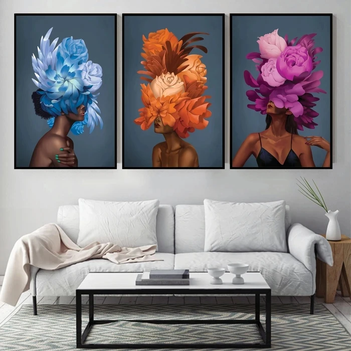 

Modern Abstract Flower Girl Black Nude Woman Canvas Painting Nordic Poster Prints Wall Art for Living Room Home Decor (No Frame)