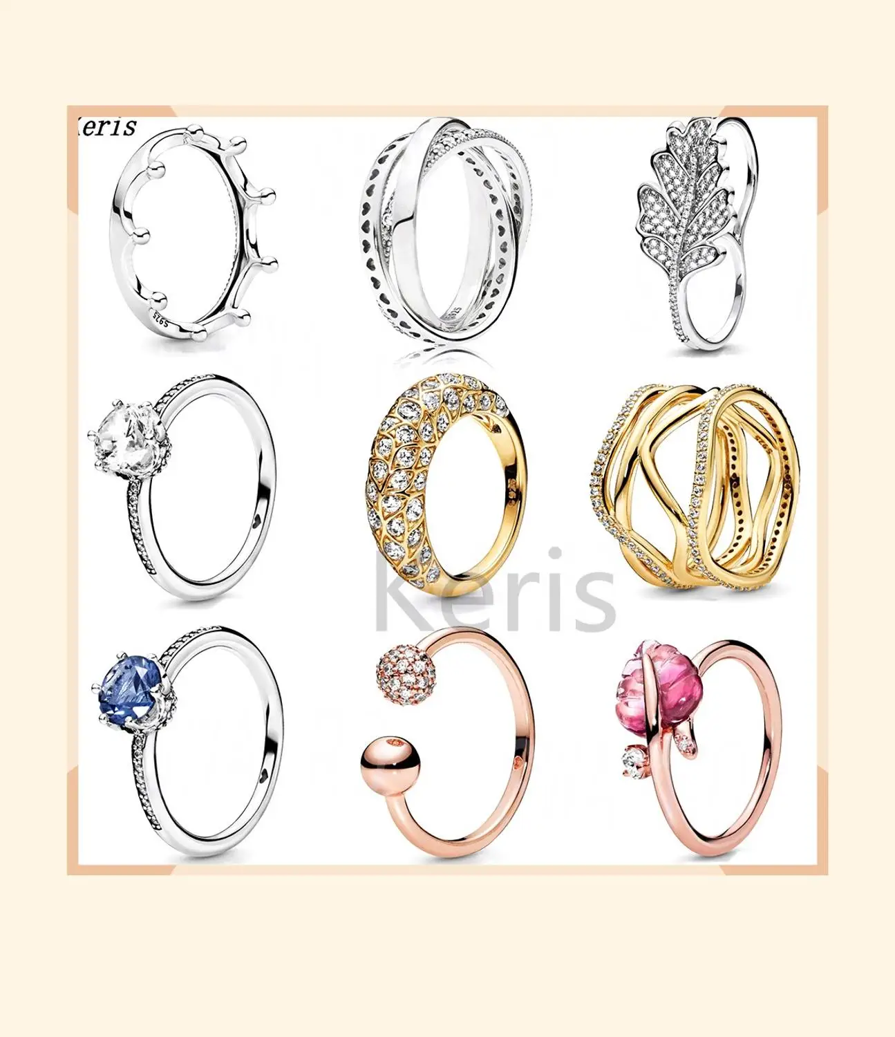 

2019 Autumn New 100% S925 Sterling Silver Ring Oak Leaf Double Ring Bright Crown Cross Line Ring Fashion Ladies Luxury Jewelry