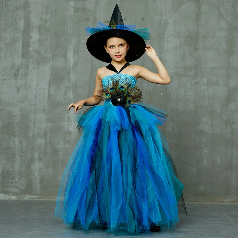 Elegant Peacock Feather Costume Girls Fluffy Layered Tutu Dress with Witch Hat