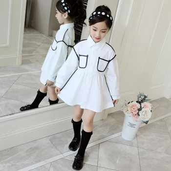 

Spring Autumn girls dress Baby blouse dress kids blouse Children clothes designer dress side line pocket black white 4 to 14 yrs