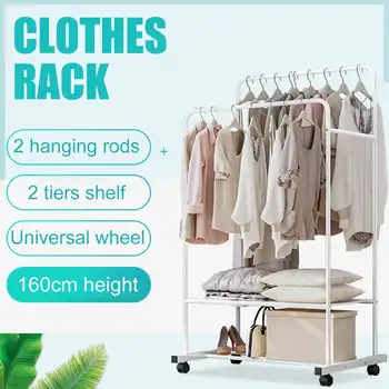

2 Rows White Metal Clothes Hanger Coat Rack Floor Wheeled Hanger Storage Wardrobe Clothing Drying Racks With Shoes Garment Shelf