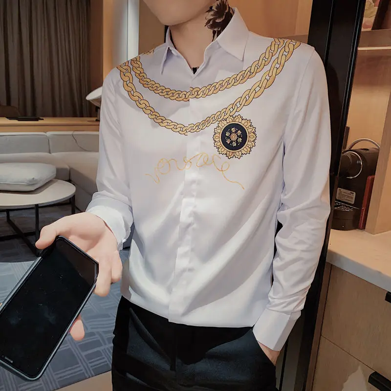 Gold Print Luxury Men Shirt Casual Slim Fit Long Sleeve Male Dress Shirts Club Work Vintage Tuxedo Shirt Camisa Social Masculina
