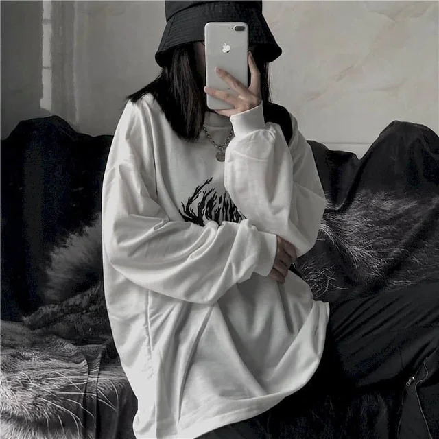 T-shirt Cross of Thorns fake two-piece for men women long-sleeved dark hip-hop loose large size autumn new trend top Simplicity d00250d white