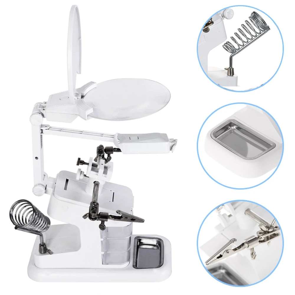 Soldering Iron Welding Magnifying Glass 2 LED 3X 4.5X 25X Helping Hand Rework Magnifier with 3 Tools Boxes Desk Station Repair