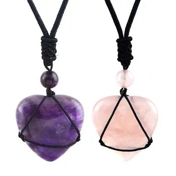 KFT Natural Rose Pink Quartz Crystal Amethysts Heart Shape Pendant Healing Crystal Quartz Reiki Rope Wrapped Stone Necklace