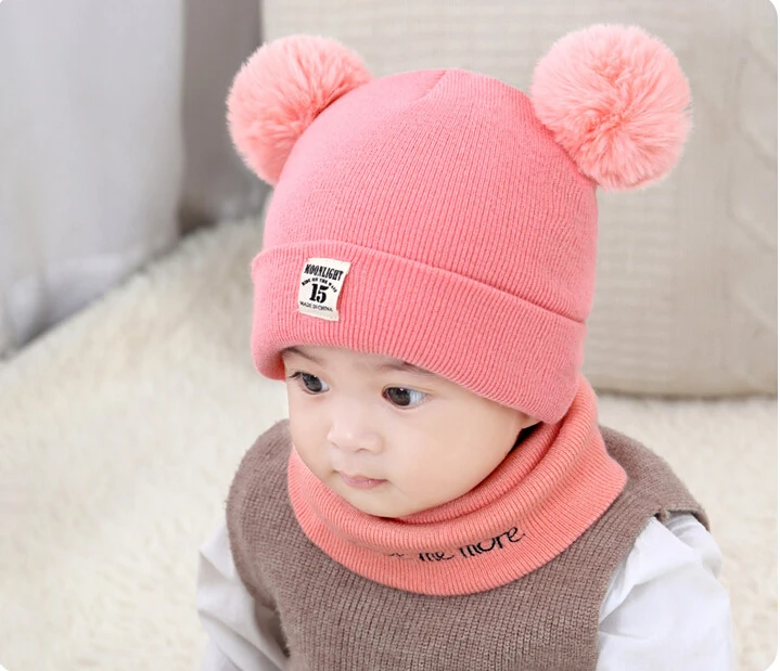 Одежда для новорожденных мальчиков и девочек шапка с помпоном зимняя теплая шапка с помпоном вязаная шапочка набор из шапки и шарфа - Цвет: Розовый