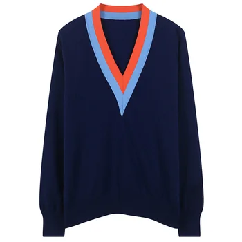 

2020 V-Neck Striped Oversized Sweater Autumn Women Pullovers Female Work Wear Loose Knitted Jumper Office Lady Tops Winter