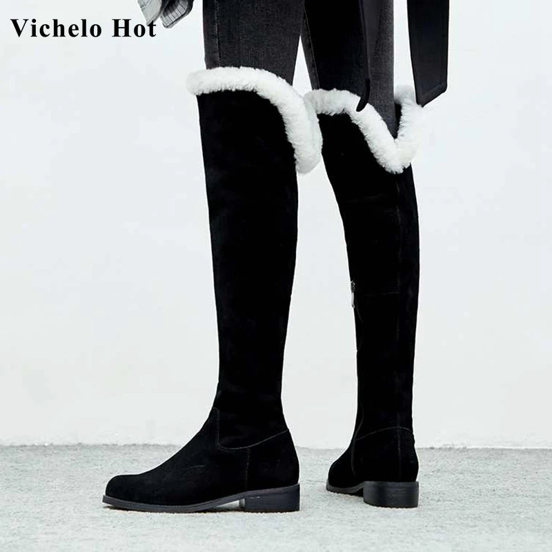 Vichelo/Лидер продаж; новые очень теплые зимние сапоги из коровьей замши с круглым носком на среднем каблуке; Модные женские зимние сапоги до бедра на молнии; L76