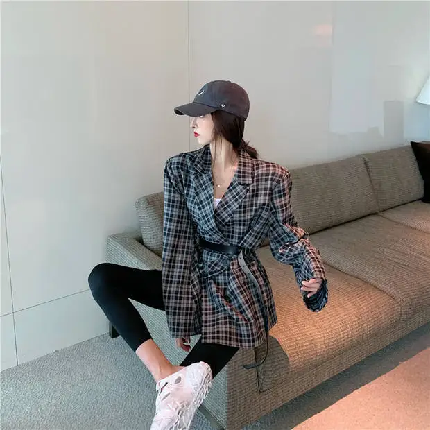 

2019 Winter New Style Korean-style British Style Mid-length Plaid Suit Jacket Versatile Loose Casual Suit Women's