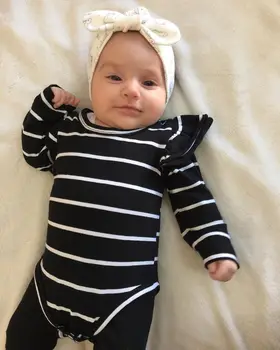 

Newborn Infant Baby Boy Girls angle long sleeve o-neck striped Bodysuit cotton Clothes Outfits US STOCK 0-18 M white black