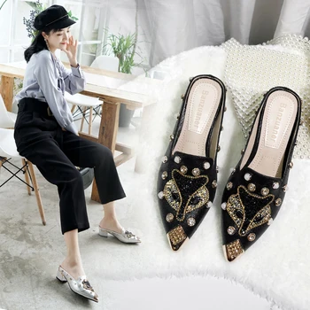 

Fashion slippers women wear 2019 summer new pointed toe cap drag women with rhinestones wild high-heeled sandals and slippers