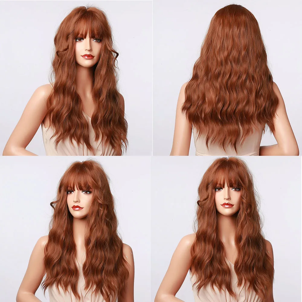 HENRY MARGU Long Wavy Auburn Red Synthetic Wigs with Bangs Kinky Curly Natural Hairs for Daily Cosplay Party Heat Resistant Wigs