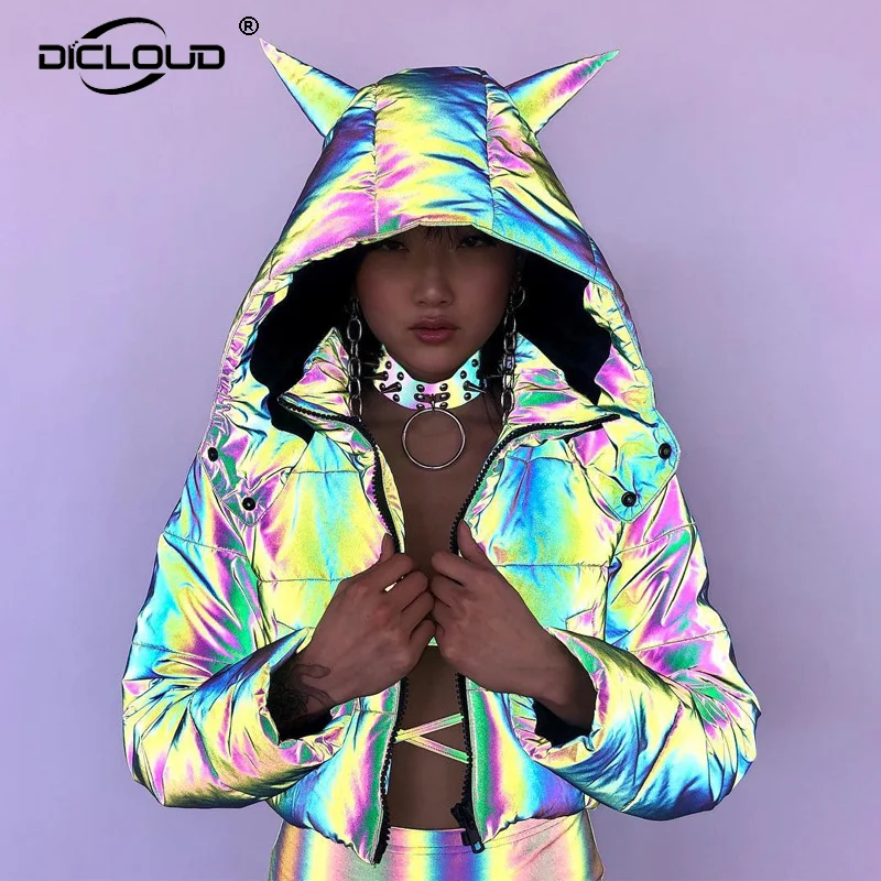 

Cools Girls Street Fashion Night Reflective Jacket Women Winter Warm Cropepd Padded Jackets Coats Harajuku Punk Hooded Overcoat