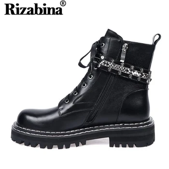 

RIZABINA Women Ankle Boots Genuine Leather Winter Flats Shoes Women Metal Chain Buckle Lace Up Zipper Gothic Boots Size 34-42