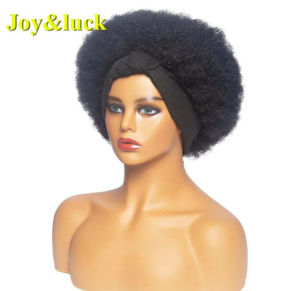 Joy & luck-peluca con diadema para mujer, turbante africano, pelo sintético Afro rizado, envoltura negra y peluca unidos, diadema