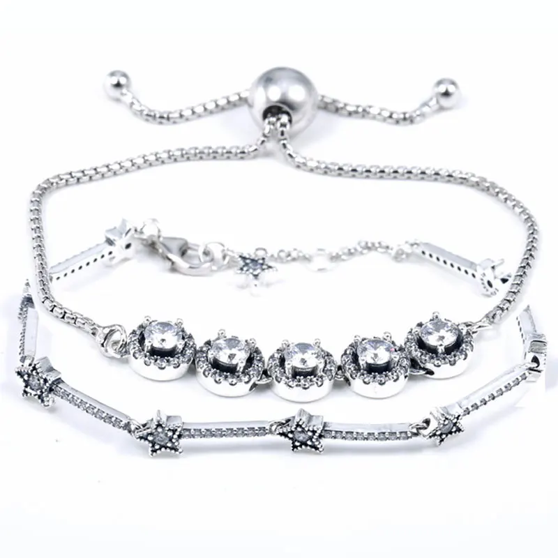 Небесные звезды и круглый сверкающий ползунок с кристаллами браслет подходит бусины из стерлингового серебра 925 Шарм Европа DIY ювелирные изделия