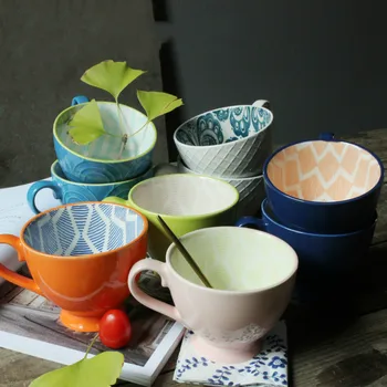 

Nordic Style Large Capacity Embossed Hand Drawn Ceramic Coffee Milk Breakfast Cup Home Kitchen Afternoon Tea Cup Holiday Gift