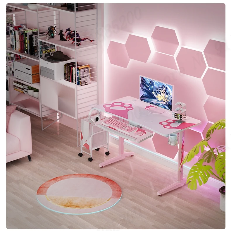 2021 New Pink Gaming Table Girls Bedroom Assembled Computer Desk 120X60X76.5cm Cute Cat Paw Print Desktop Computer Desk Hot Sale