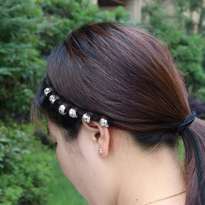 Small Skull Metal Hair Braid Dreadlock Beads Cuffs Tube Rings for Hair Styling 6PCS