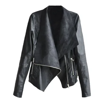 

Women Large size Jacket Soft Loose Coat Short Pockets PU Black Jacket Autumn Street Leather Coat Faux Leather