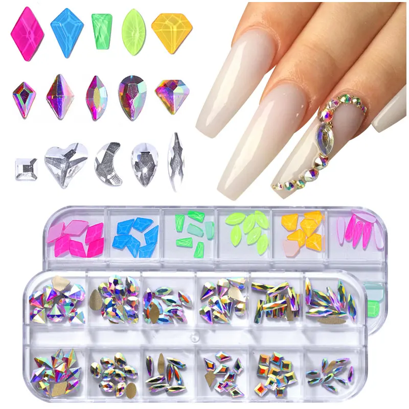 

12 Grids Flatback AB Nail Rhinestones Manicure Decoration a Set Irregular Glass ornament Accessories Nail Art Diamonds Gem Stone