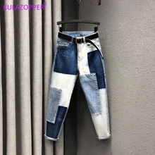Слегка эластичные джинсы Mujer, размера плюс, женские брюки, джинсы большого размера, деним, с заплатками, с манжетами, узкие женские джинсы, ZH193