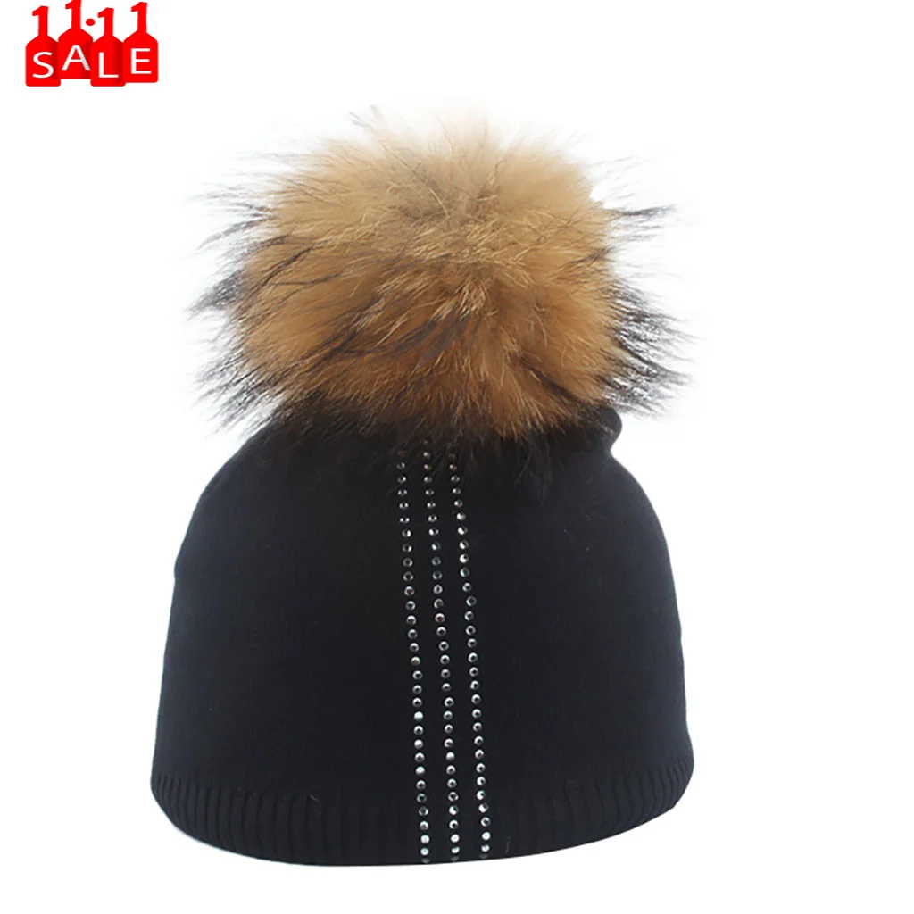 Женские береты с лисьими помпонами и бриллиантами для мальчиков и девочек, Повседневная теплая дамская шляпа, шерстяная шапка, вязаные Шапки, береты, sombrero mujer# ZB