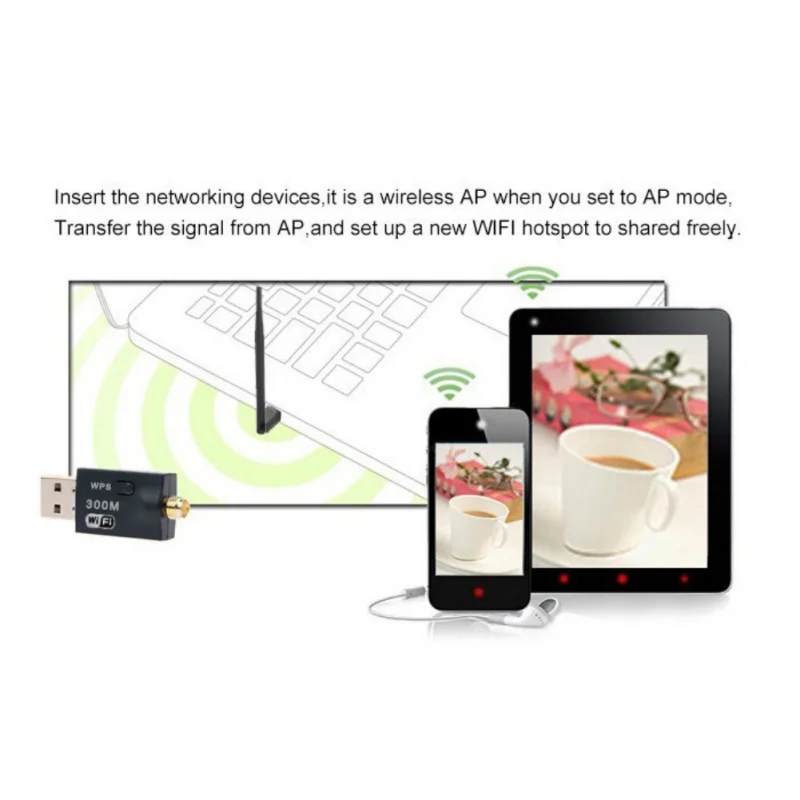 300 Мбит/с USB адаптер портативный беспроводной сетевой карты WiFi приемник с антенной для ноутбука ПК Мини Wi-Fi ключ