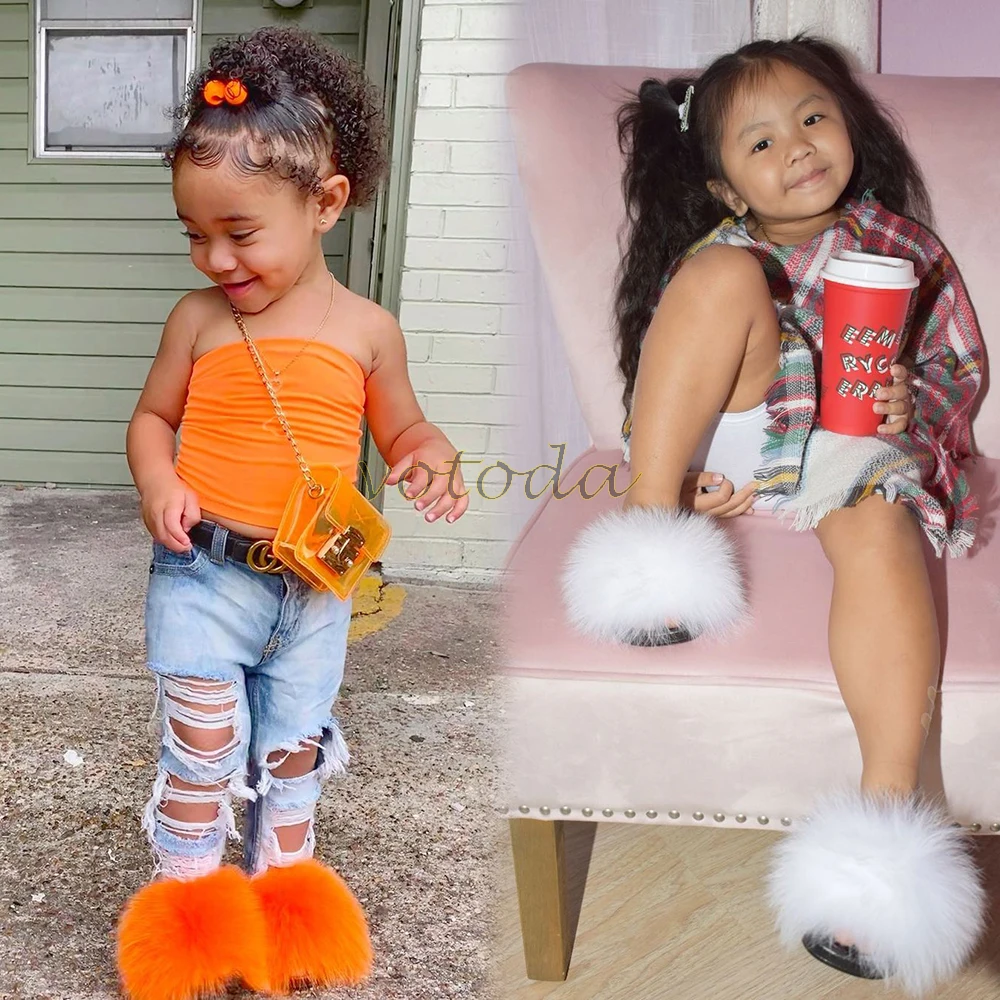 leather girl in boots Summer Kids Fur Slippers Fluffy Raccoon Fur Slides Toddler Furry Fox Fur Flip Flops Children Rainbow Fur Sandal Girls Flat Shoes children's sandals near me