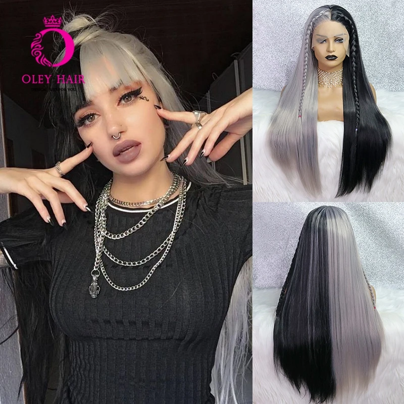 

Grey Half Black Synthetic 13x4 Lace Front Wig Heat Resistant Long Straight Drag Queen Party Cosplay Wigs For Women 180 Density