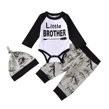 

Newborn Boy Clothes Set Baby Little Brother Long Sleeve Romper Cartoon Dinosaur Top + Long Pants + Hat 0-12 Months Suit Costume