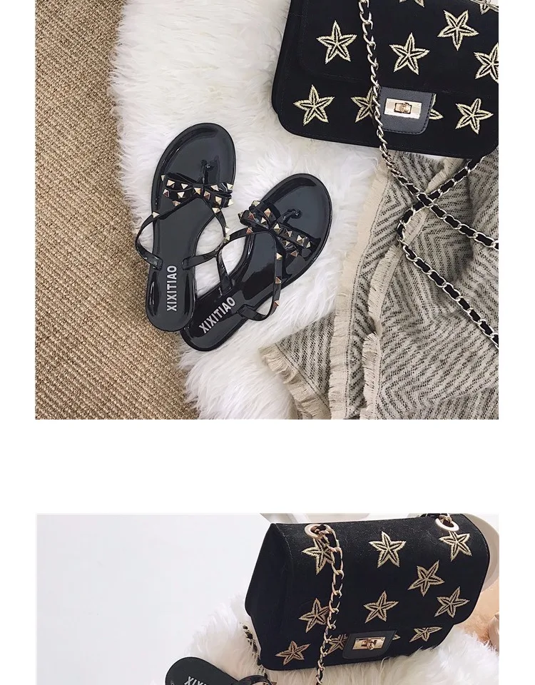 fashion women sandals flat jelly shoes bow V flip flops stud beach shoes summer rivets slippers Thong sandals nude