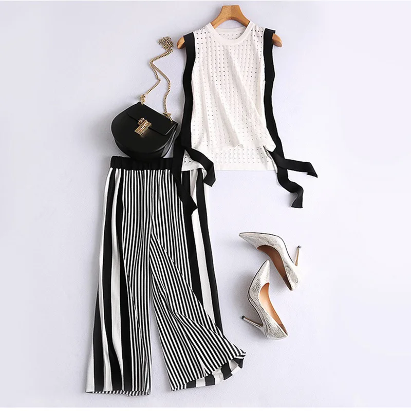 

Set 2019 Summer New Products Korean-style Sleeveless Fashion Tops + Stripes Knitted Loose Pants Two-Piece Set