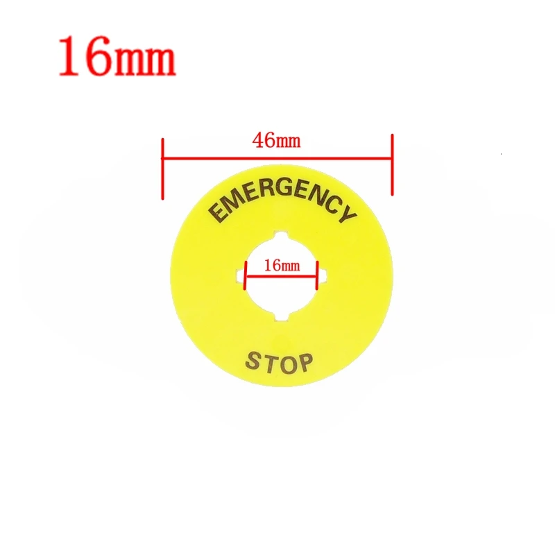 노란색 비상 정지 푸시 버튼 스위치 액세서리 경고 범례 라벨 마크 원형 링 플레이트 90mm 60mm 40mm