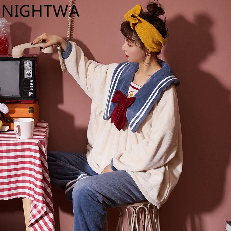 Новинка зимние плотные теплые фланелевые пижамные комплекты NIGHTWA для женщин